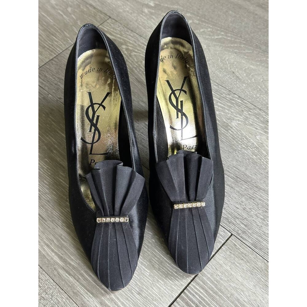 YSL Paris Satin Rhinestone Bow Pumps Black Designer Heels Women 7.5